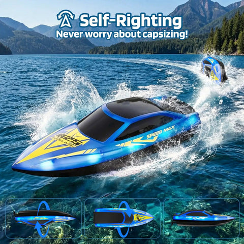 Kids RC Boat With LED Lights Self Righting Waterproof Fast Racer in action on water with speed display and self-righting feature