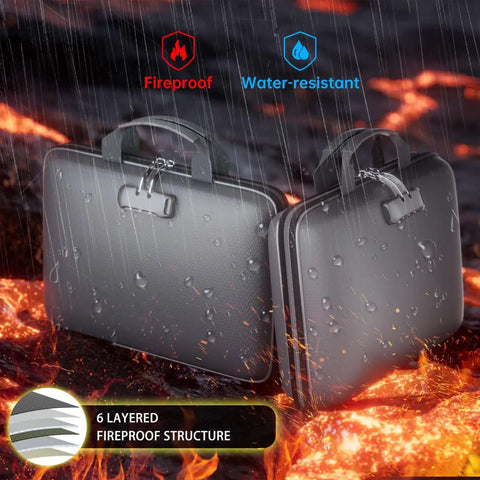 Heavy Duty Tough As Nails Fireproof Document Box With Secure Lock And Waterproof Hardcase Accordion Design, showcased in rain with fireproof features.