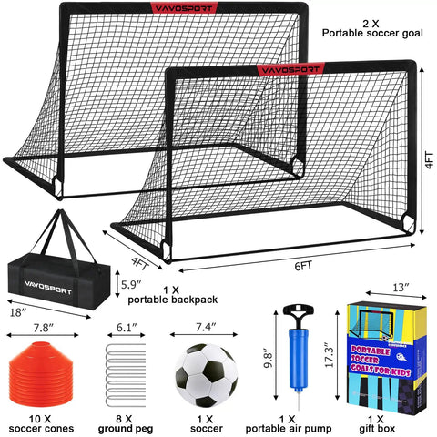 Portable Pop Up Soccer Goals Set For Backyard Play Two 6x4 Ft Kid Sized Goals With Ball Pump Cones And Carry Bag