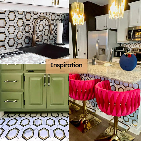 Peel And Stick Hexagon Backsplash Tiles In White And Gold With Marble Veins Self Adhesive PVC Mixed Metal Look in modern kitchen