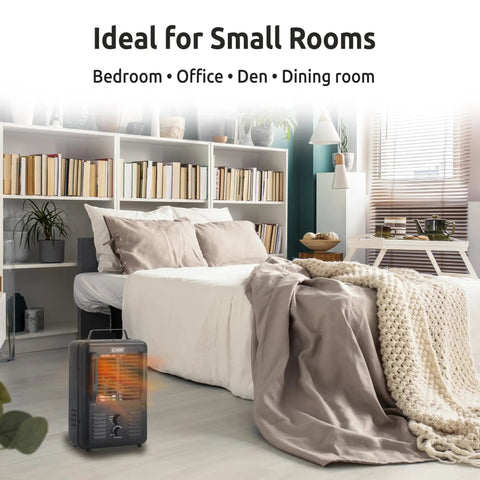 Heavy Duty 1500 Watt Portable Milkhouse Utility Space Heater With Adjustable Thermostat Overheat Guard And Tip Over Safety Switch In Matte Black warming a cozy bedroom.