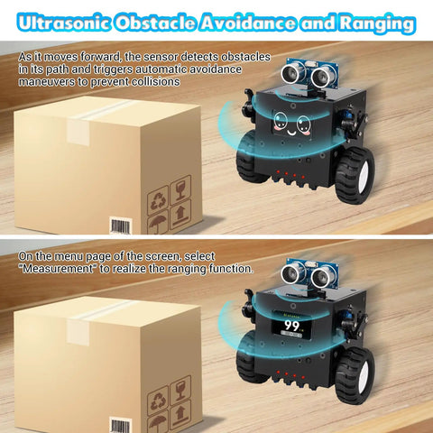 DIY Robot Kit Soldering Project For Teens And Adults With Time And Expressions Display Interactive Robot Car Soldering Practice Kit STEM Education For Back To School And Hands On Experiments, black robot car beside box