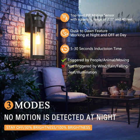 Large 15 Inch Black Dusk To Dawn Outdoor Wall Light With Photocell Sensor And PIR Motion Sensor, illuminating a patio area.