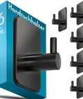 Top Shelf Black Self Adhesive Towel Hooks 6 Pack Stainless Steel Bathroom Wall Mount with packaging and hooks displayed.