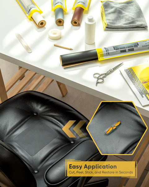 Large Self Adhesive Leather Repair Patch 16 By 59 Inches PVC Faux Leather Tape For Quick Easy Repairs shown on a chair