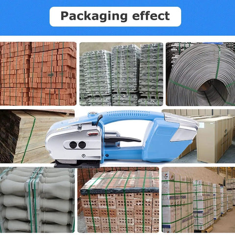 Heavy Duty Electric Strapping Machine Handheld Banding Tool For Pet Strap With Rechargeable Lithium Battery next to wrapped cargo.