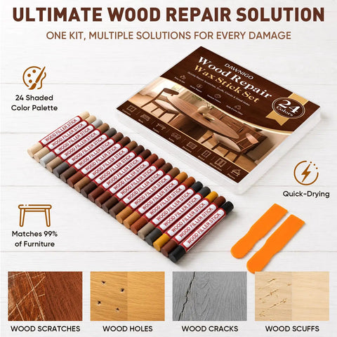24 Wood Filler Sticks And Furniture Repair Wax Crayons Make Short Work Of Scratches Scuffs Cracks On Hardwood Floors Cabinets With Bonus Brush For A Top Shelf Restoration - assorted colors and applicator.