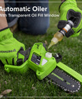 Automatic oiler filling system showcased on Compact 24V Brushless Mini Chainsaw Electric Pruning Saw For Tree Branch Trimming.