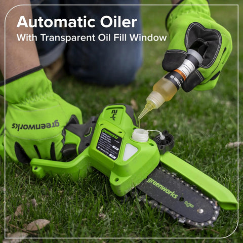 Automatic oiler filling system showcased on Compact 24V Brushless Mini Chainsaw Electric Pruning Saw For Tree Branch Trimming.
