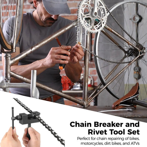 Motorcycle Chain Rivet Tool Kit, 15 Piece Set With Chain Breaker, shown in use on a bicycle for chain maintenance.