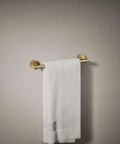 Elate 12-Inch Towel Bar In Vibrant Brushed Moderne Brass with towel hanging, modern bath hardware view