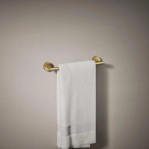 Elate 12-Inch Towel Bar In Vibrant Brushed Moderne Brass with towel hanging, modern bath hardware view