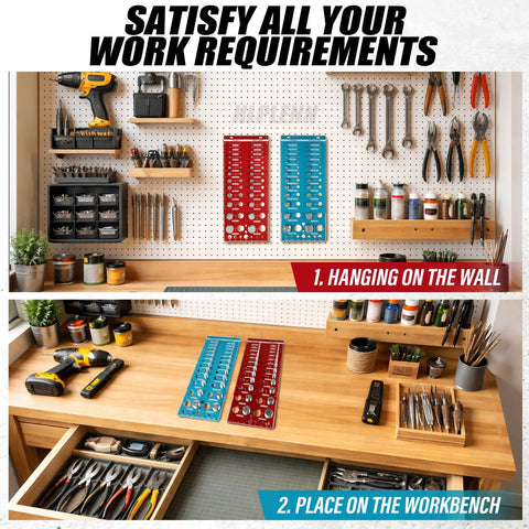 Workshop with Go To 70 Size Nut And Bolt Thread Checker With 26 Standard 26 Metric And 18 Drill Gauges Bolt Size Finder displayed.
