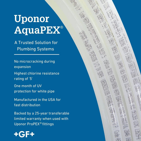 3/4 Inch White PEX Water Tubing Coil, 100 Ft, Flexible, Freeze Resistant, ProPEX Expansion Ready, branding text on blue background