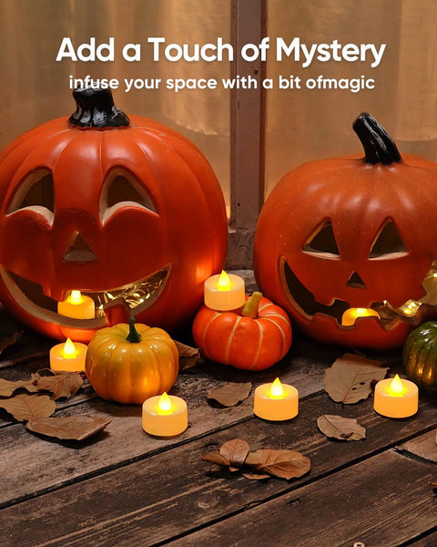 30 Pack Flickering Flameless Tea Lights Battery Operated For Wedding Table Centerpieces with Halloween pumpkins display