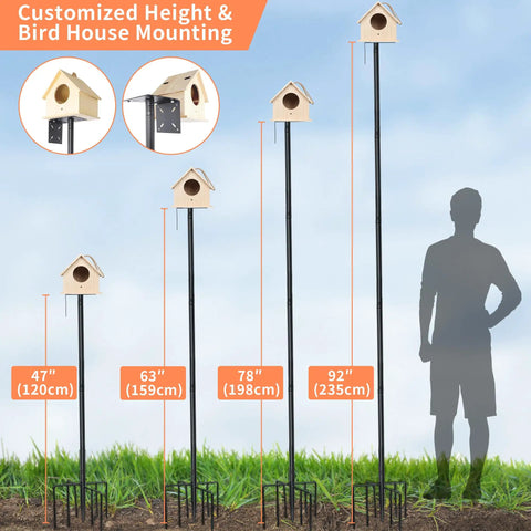 Squirrel Proof Bird Feeder Pole Kit, 92 Inch Height With 9 Prongs Base, adjustable height birdhouses displayed outdoors.