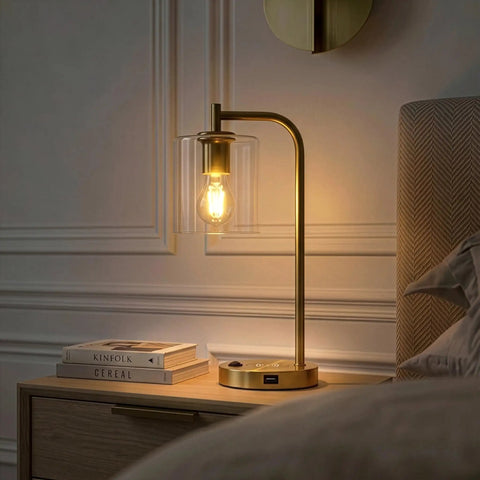 Vintage Brass Nightstand Desk Lamp With Wireless Charging Pad and USB Port LED Bedside Reading Lamp, warm white light in bedroom