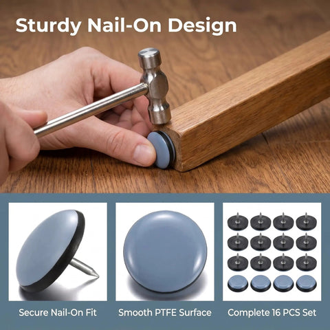 16 Pack 1 Inch Nail-On Furniture Sliders For Wooden Furniture Legs PTFE Chair Glides installation with hammer