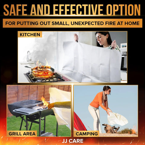 Collage showing 5 Pack Fire Blanket Set With Hooks And Gloves, 40x40 Inch Emergency Fire Blanket for use in kitchen, grill, camping