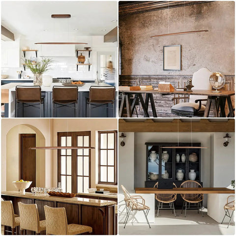 51 Inch Walnut Wood Linear Pendant Light For Kitchen Island And Dining Room Featuring Smooth Modern Lines And Straight Up Gorgeous Illumination To Level Up Your Home Decor Vibes Right Now in various settings.