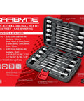 Eighteen Piece Extra Long Ball End Hex Set With Three Eighths Inch Drive SAE And Metric S2 Steel Bits Ball End Tips For Tight Obstructed Angles Twenty Five Degree Entry Zinc Phosphate Finish Durable Storage Case open showing tools inside.