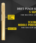 Brass Drift Punch Set Non Marring One Quarter Inch Three Eighths Inch One Half Inch Five Eighths Inch Three Quarters Inch Five Piece with knurled grip handle.