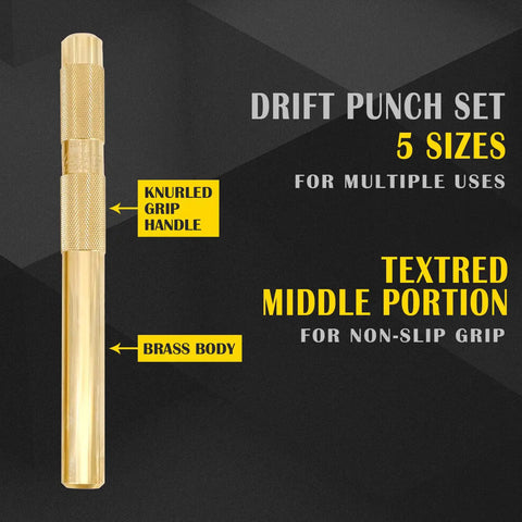 Brass Drift Punch Set Non Marring One Quarter Inch Three Eighths Inch One Half Inch Five Eighths Inch Three Quarters Inch Five Piece with knurled grip handle.