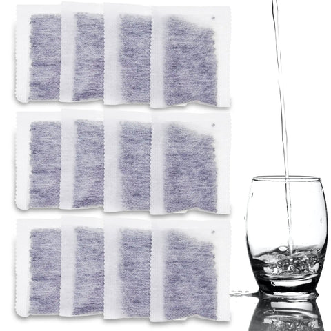 Replacement Activated Charcoal Distiller Filters For Megahome And Other Countertop Water Distillers with coconut shell carbon, sachets next to a glass of pouring water.