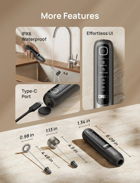 Handheld Milk Frother For Coffee Drinks Creates Silky Latte Art Foam In Minutes Quiet Electric Mixer Wand with IPX6 waterproof design.