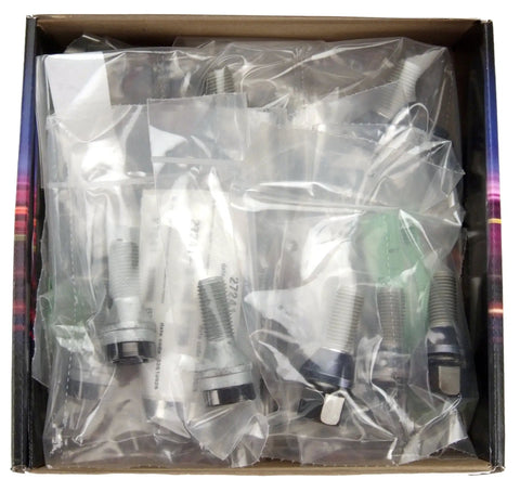 Box containing M14x1.5 Thread Size Cone Seat Lug Bolt Kit for 5 Lug Vehicles Includes 16 Heavy Duty Bolts 4 Locks 1 Key
