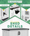 Details of Outdoor Storage Cabinet 26 Cu Ft with lockable doors, showing step lock, magnet attachment, and design features.