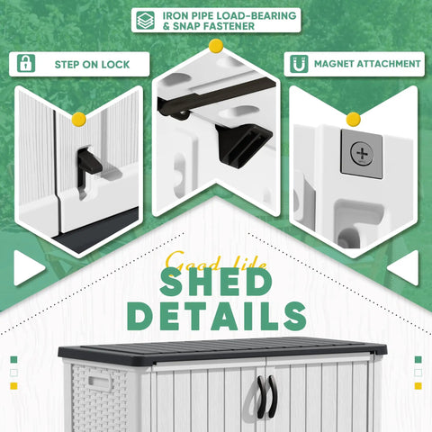 Details of Outdoor Storage Cabinet 26 Cu Ft with lockable doors, showing step lock, magnet attachment, and design features.