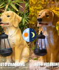 Golden Retriever Solar Dog Statue, outdoor decor with lantern lights, auto charging and working, weatherproof garden ornament