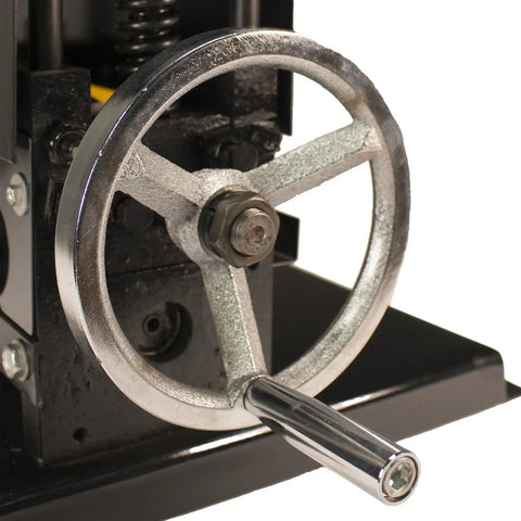 Hand crank detail on Pro Grade Bench Top Automatic Electric Wire Stripper with Emergency Stop, Safety Guards, Adjustable Blades
