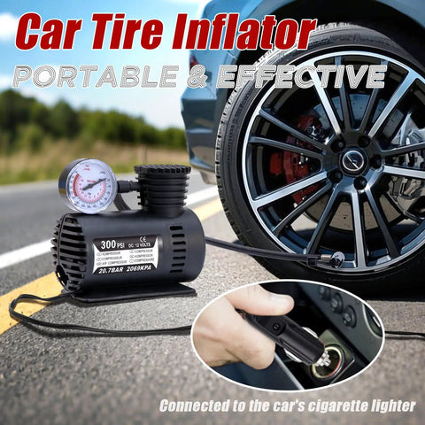 Portable car tire inflator connected to car cigarette lighter with pressure gauge, shown inflating tire on asphalt road.