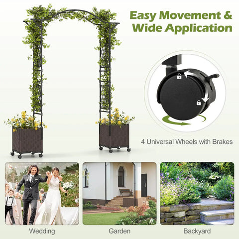 Garden Arch With Planters And No Fuss Self Watering Boxes On Wheels, 8.2Ft Metal Arbor Trellis for outdoor use with mobility feature.