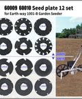 Image showing 12 black seed plates from the Seed Plate Set 60009 and 60010 for Garden Seeder with 1001-B compatibility.