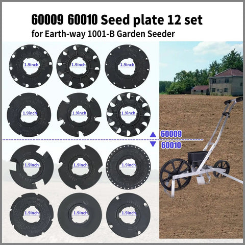 Image showing 12 black seed plates from the Seed Plate Set 60009 and 60010 for Garden Seeder with 1001-B compatibility.