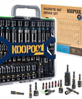 Magnetic Socket Set For Power Drill With Quick Release Extension Includes Metric And SAE Sockets Nut Drivers Socket Adapters And Storage Case Deep 14mm Driver Built To Last For Easy Home Repairs displayed in storage case with 55 pieces.
