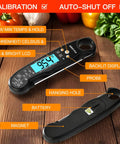 Instant Read Meat Thermometer With Folding Four Point Six Inch Stainless Steel Probe, Waterproof And Backlit Killer Calibration Function shown with LCD display