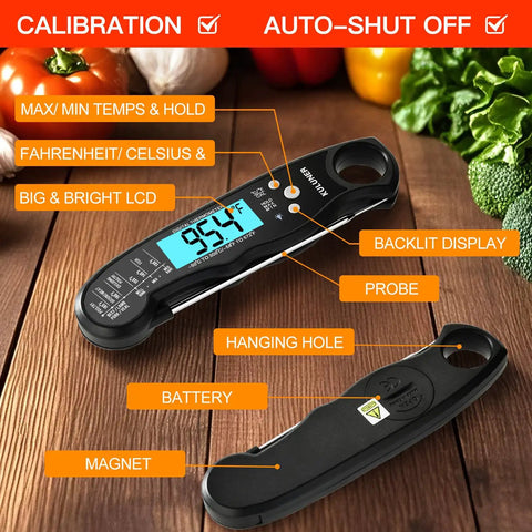 Instant Read Meat Thermometer With Folding Four Point Six Inch Stainless Steel Probe, Waterproof And Backlit Killer Calibration Function shown with LCD display