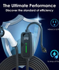 Image of Level 2 EV Charger With NEMA 14 50 Outlet 250V 32A 17 Ft Extension Cord And J1772 Cable, showing plug and digital display.