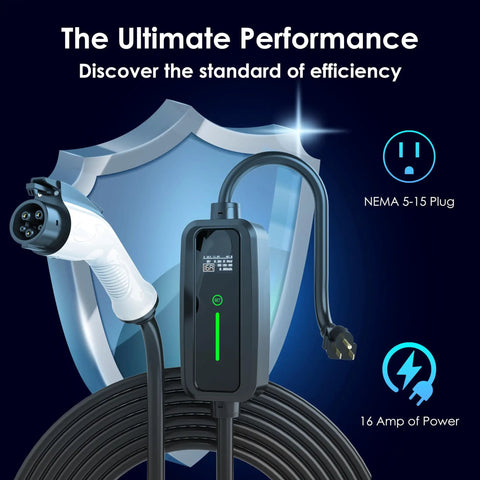 Image of Level 2 EV Charger With NEMA 14 50 Outlet 250V 32A 17 Ft Extension Cord And J1772 Cable, showing plug and digital display.