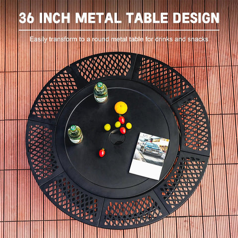 36 Inch Outdoor Fire Pit With Dual Grills And Lid, Black metal table with drinks and snacks on a backyard patio.