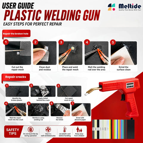 Step-by-step guide for using a Powerful 220W Plastic Welder Kit For Car Bumper Repair with images of tools and accessories.