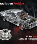 Two Piece Front Wheel Bearing And Hub Assembly Fits Hyundai Nexo Sonata Tucson Veloster N And Kia Cadenza Optima Sportage Five Lug Non ABS Direct Fit Replacement For Long Lasting Rolling Performance And Smooth Ride shown with installation position.