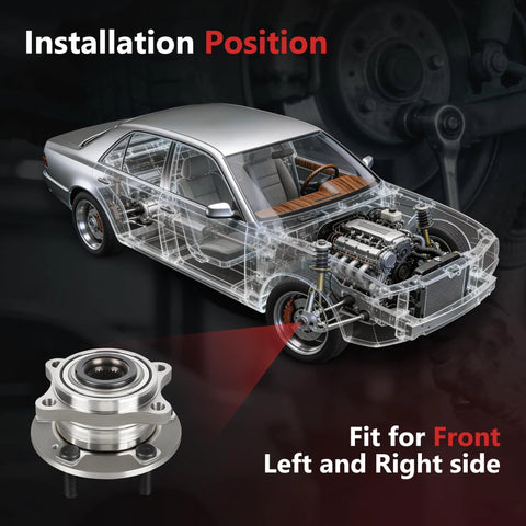 Two Piece Front Wheel Bearing And Hub Assembly Fits Hyundai Nexo Sonata Tucson Veloster N And Kia Cadenza Optima Sportage Five Lug Non ABS Direct Fit Replacement For Long Lasting Rolling Performance And Smooth Ride shown with installation position.