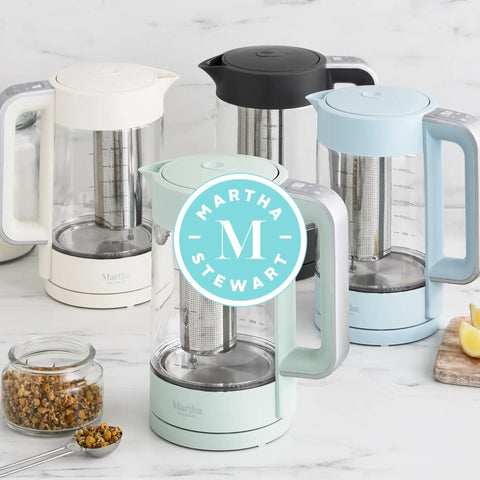 Linen white electric kettle with removable stainless steel tea infuser and glass carafe 1.7L for quick boil up to 7 cups.