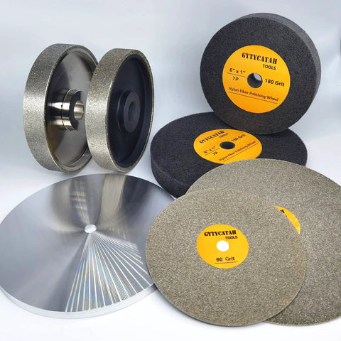 Heavy Duty Eight Inch Nylon Deburring Wheel Nine Piece Set For Bench Grinder, various grit polishing pads and wheels.