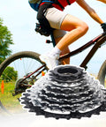 Eight Speed E Bike Freewheel 11 28 Teeth Screw On for Threaded Freehub overlaid on cyclist image